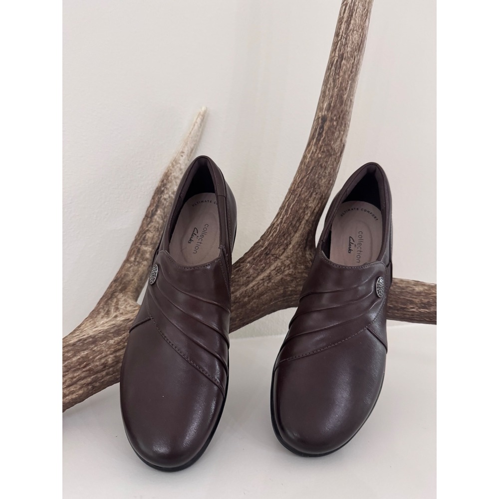 Clarks Collection Hope Roxanne Brown Leather Pleated Slip On Loafer Womens 6.5 M
